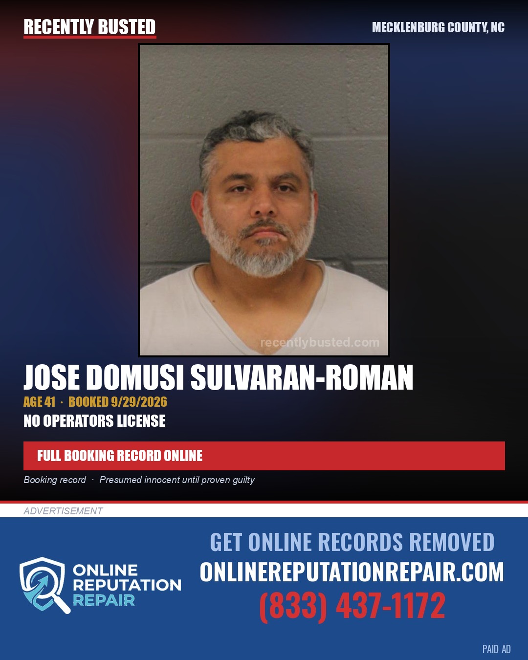 JOSE DOMUSI SULVARAN-ROMAN — arrest record card, Mecklenburg County, North Carolina