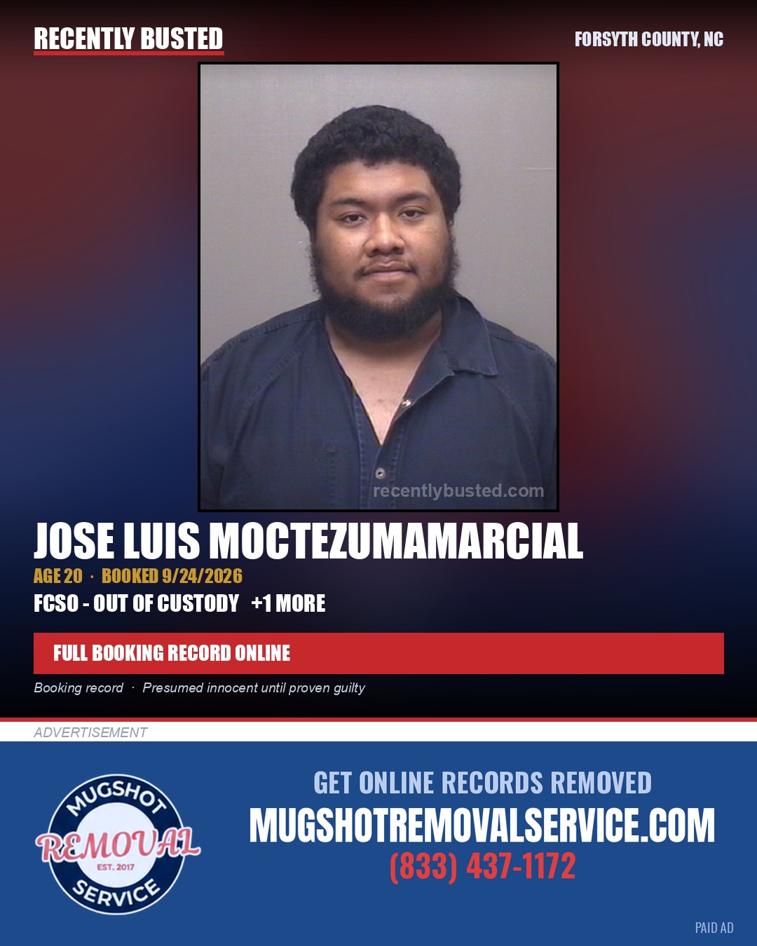 JOSE LUIS MOCTEZUMAMARCIAL — arrest record card, Forsyth County, North Carolina