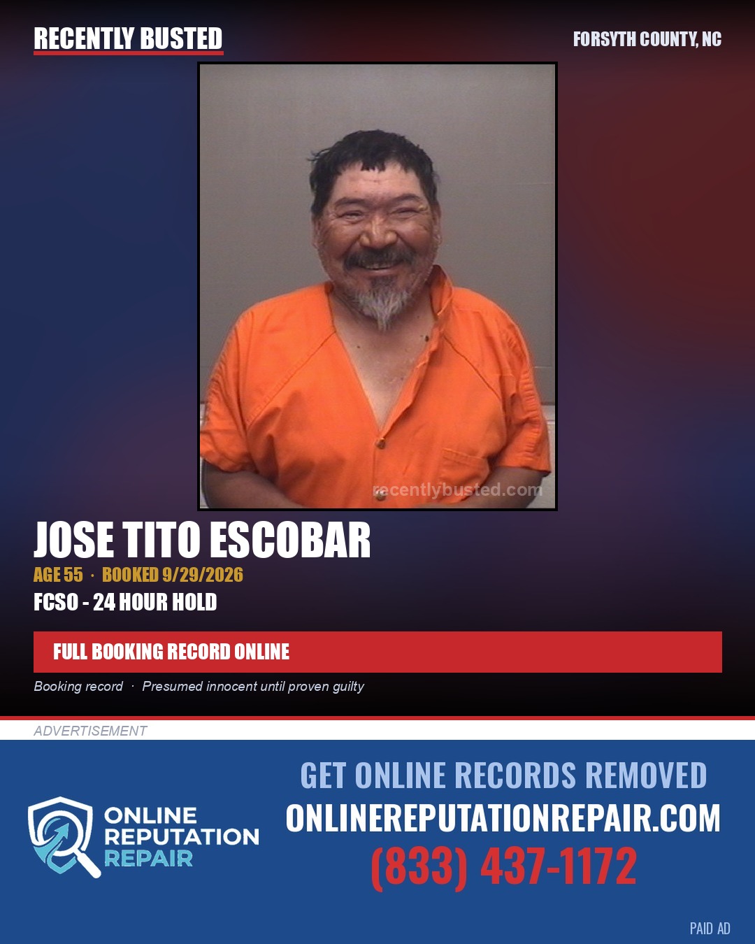 JOSE TITO ESCOBAR — arrest record card, Forsyth County, North Carolina