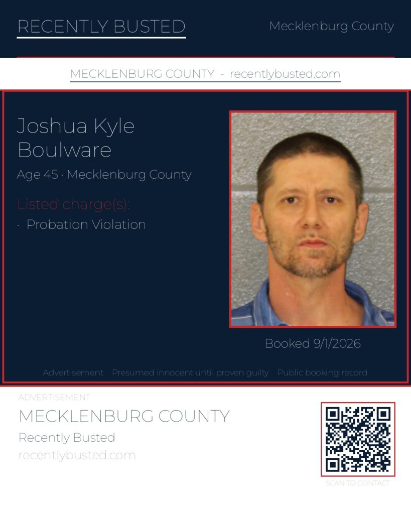 JOSHUA KYLE BOULWARE — arrest record card, Mecklenburg County, North Carolina
