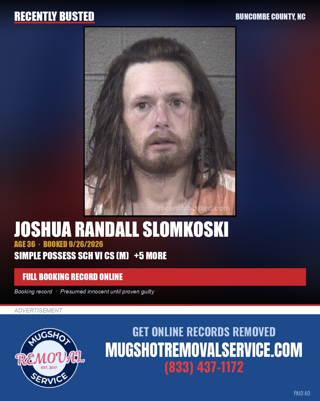 JOSHUA RANDALL SLOMKOSKI — arrest record card, Buncombe County, North Carolina