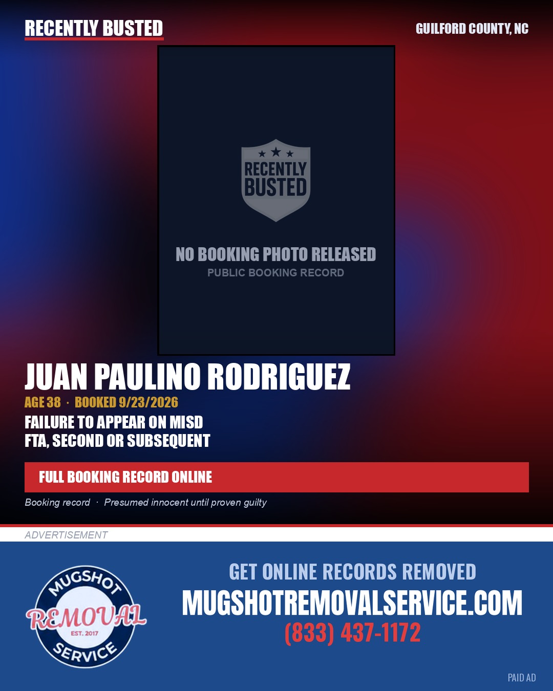 JUAN PAULINO RODRIGUEZ — arrest record card, Guilford County, North Carolina