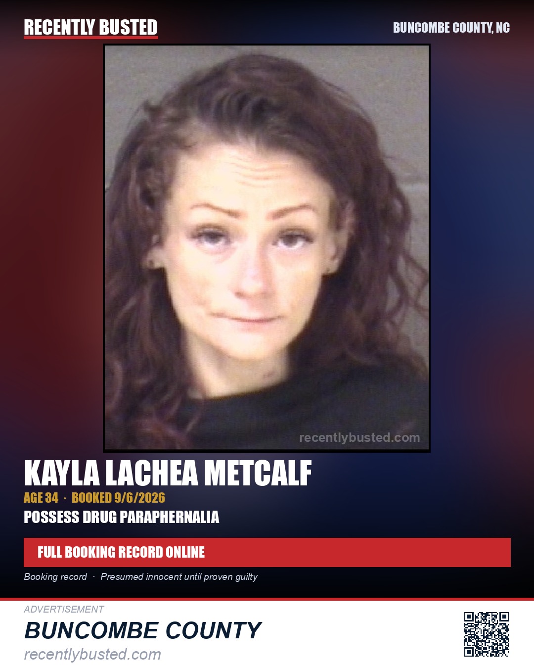 KAYLA LACHEA METCALF — arrest record card, Buncombe County, North Carolina