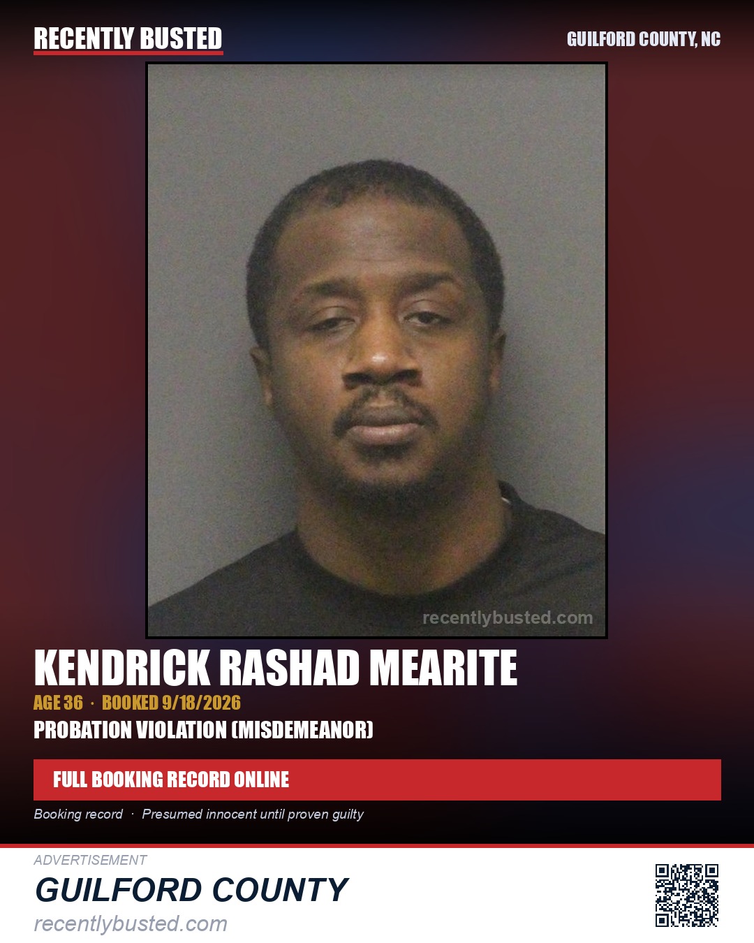 KENDRICK RASHAD MEARITE — arrest record card, Guilford County, North Carolina