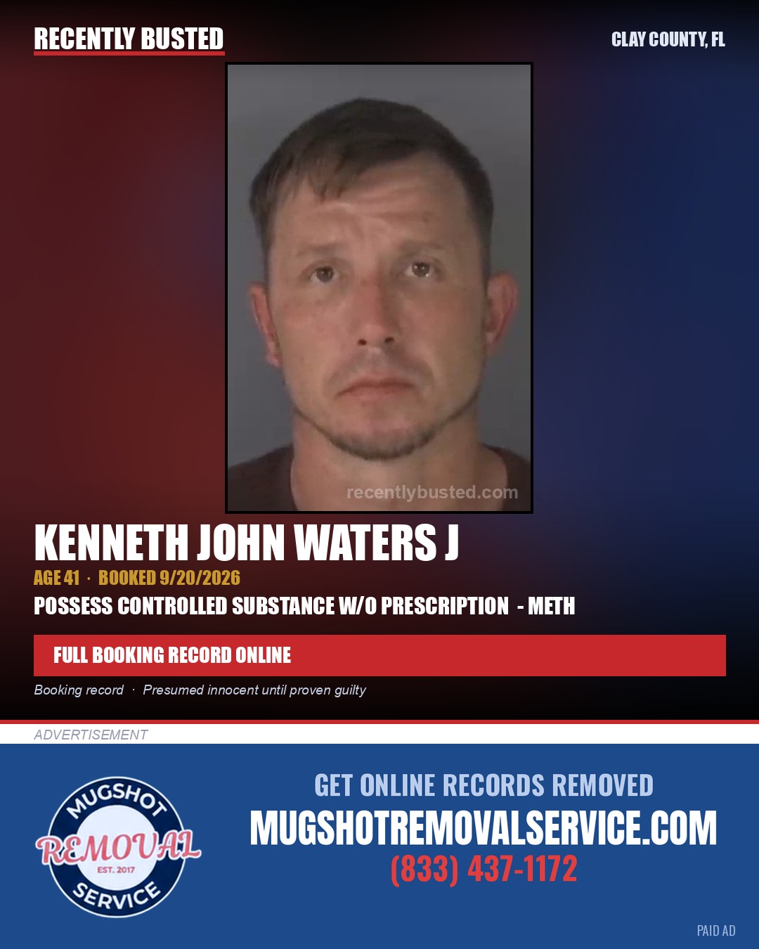 KENNETH JOHN WATERS J — arrest record card, Clay County, Florida