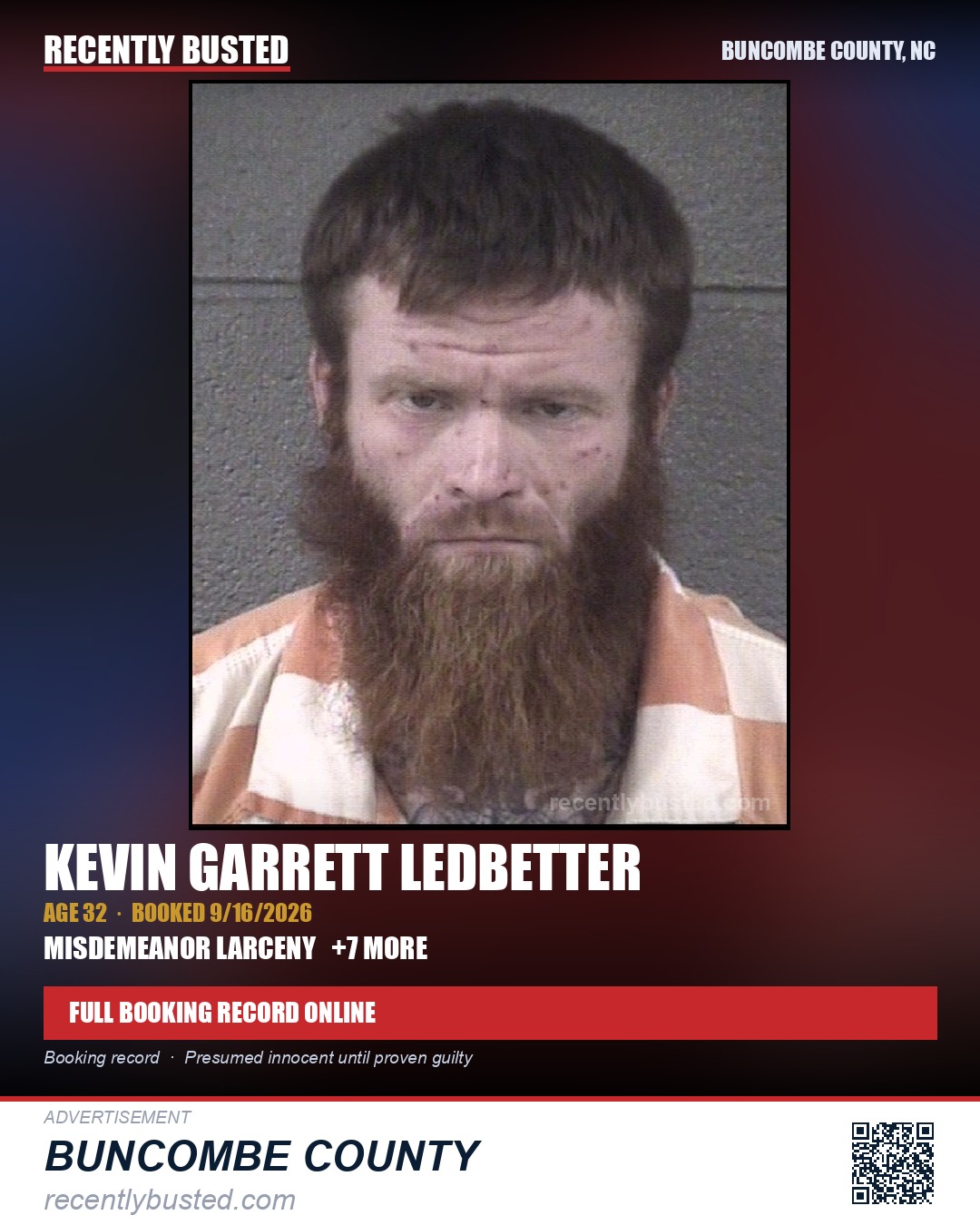 KEVIN GARRETT LEDBETTER — arrest record card, Buncombe County, North Carolina