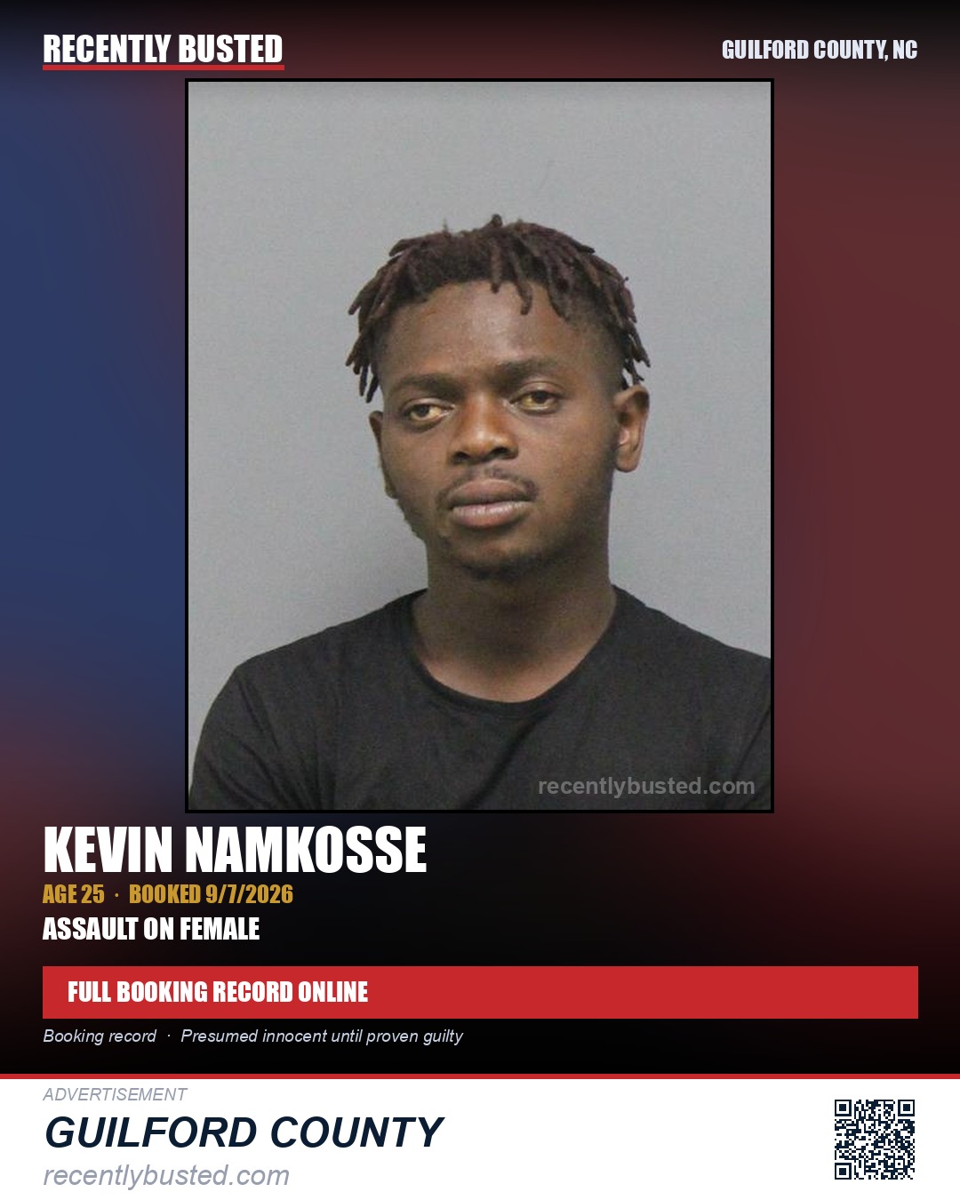 KEVIN NAMKOSSE — arrest record card, Guilford County, North Carolina