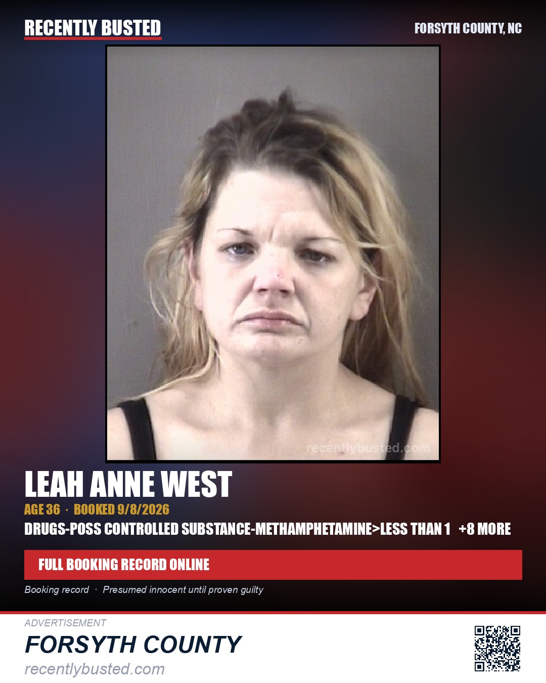 LEAH ANNE WEST — arrest record card, Forsyth County, North Carolina