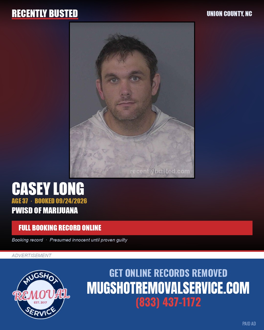LONG, CASEY — arrest record card, Union County, North Carolina