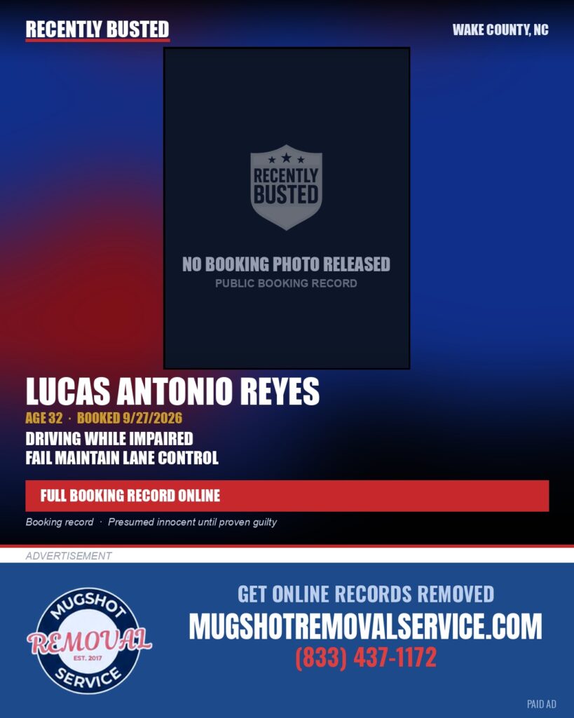 LUCAS ANTONIO REYES — arrest record card, Wake County, North Carolina