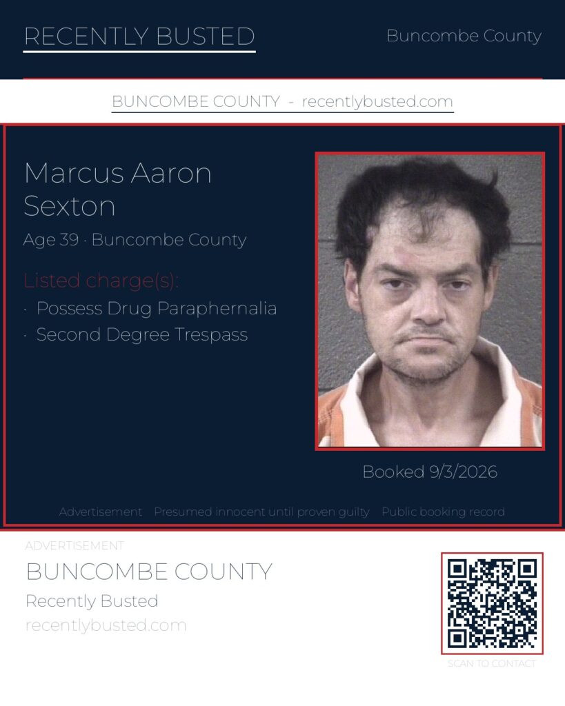 MARCUS AARON SEXTON — arrest record card, Buncombe County, North Carolina