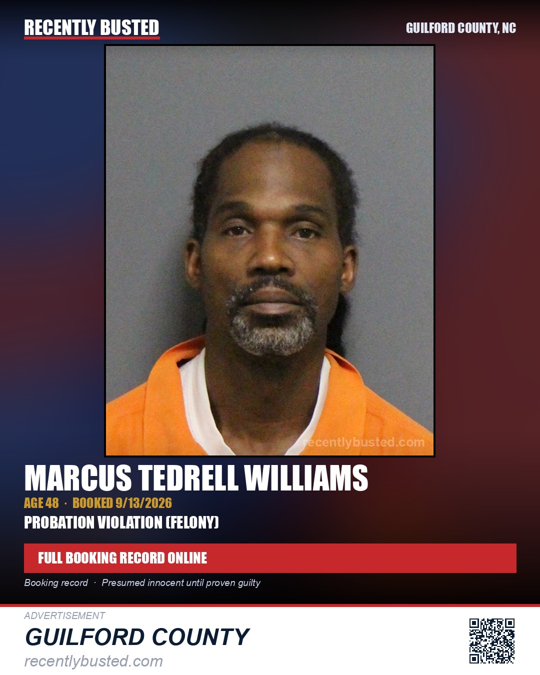 MARCUS TEDRELL WILLIAMS — arrest record card, Guilford County, North Carolina