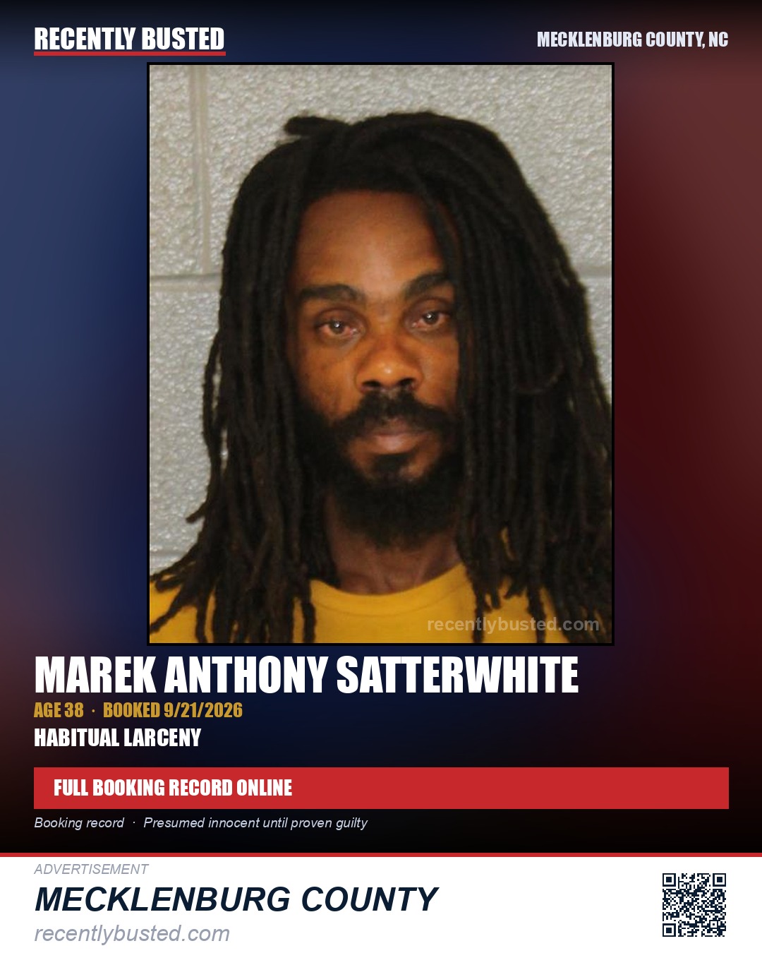 MAREK ANTHONY SATTERWHITE — arrest record card, Mecklenburg County, North Carolina