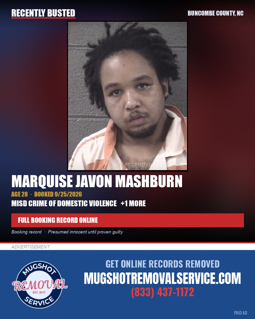 MARQUISE JAVON MASHBURN — arrest record card, Buncombe County, North Carolina