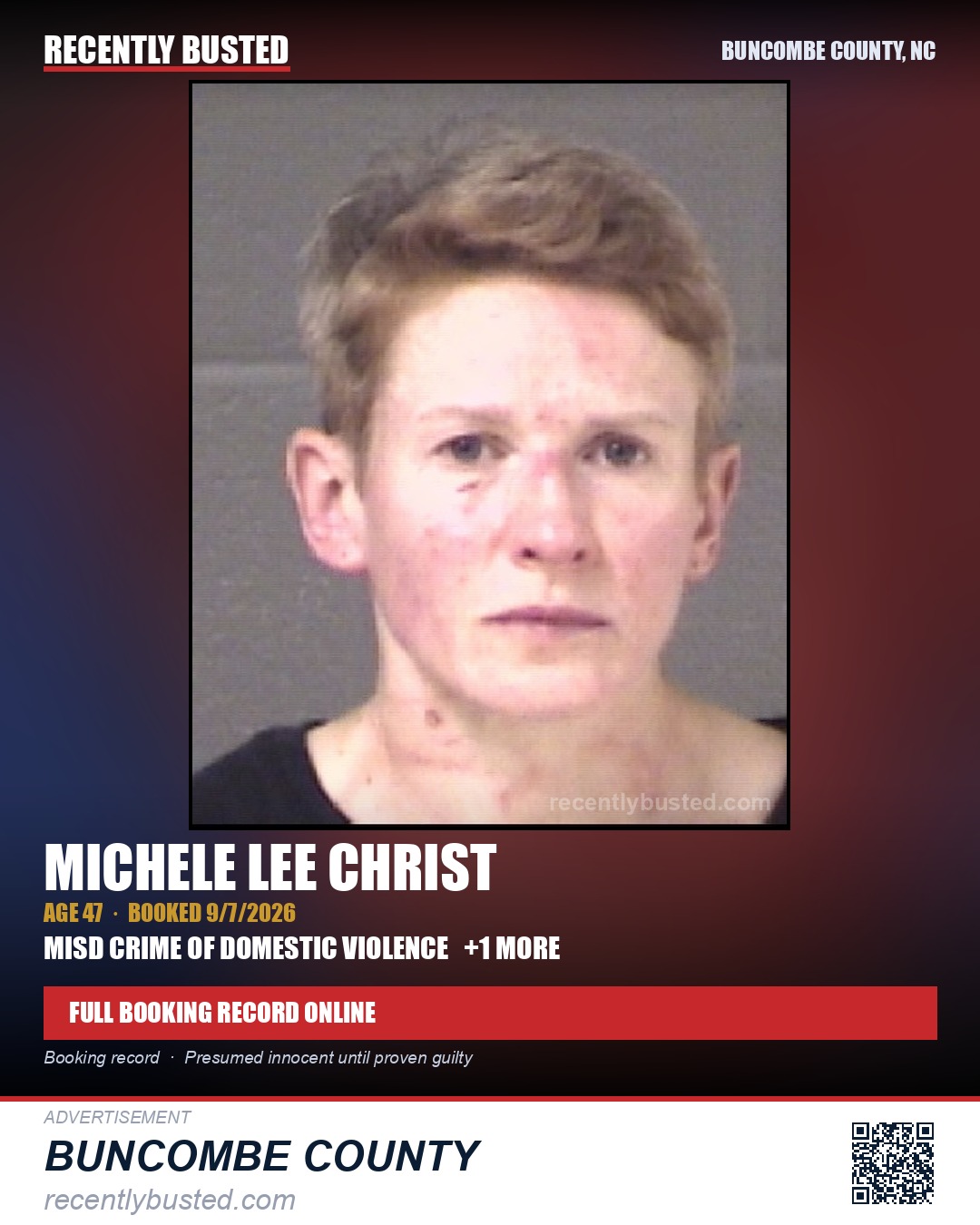 MICHELE LEE CHRIST — arrest record card, Buncombe County, North Carolina