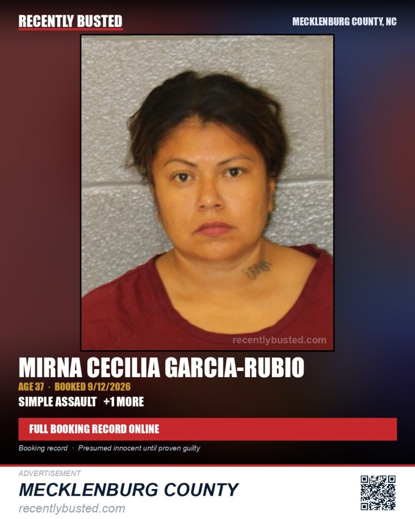 MIRNA CECILIA GARCIA-RUBIO — arrest record card, Mecklenburg County, North Carolina