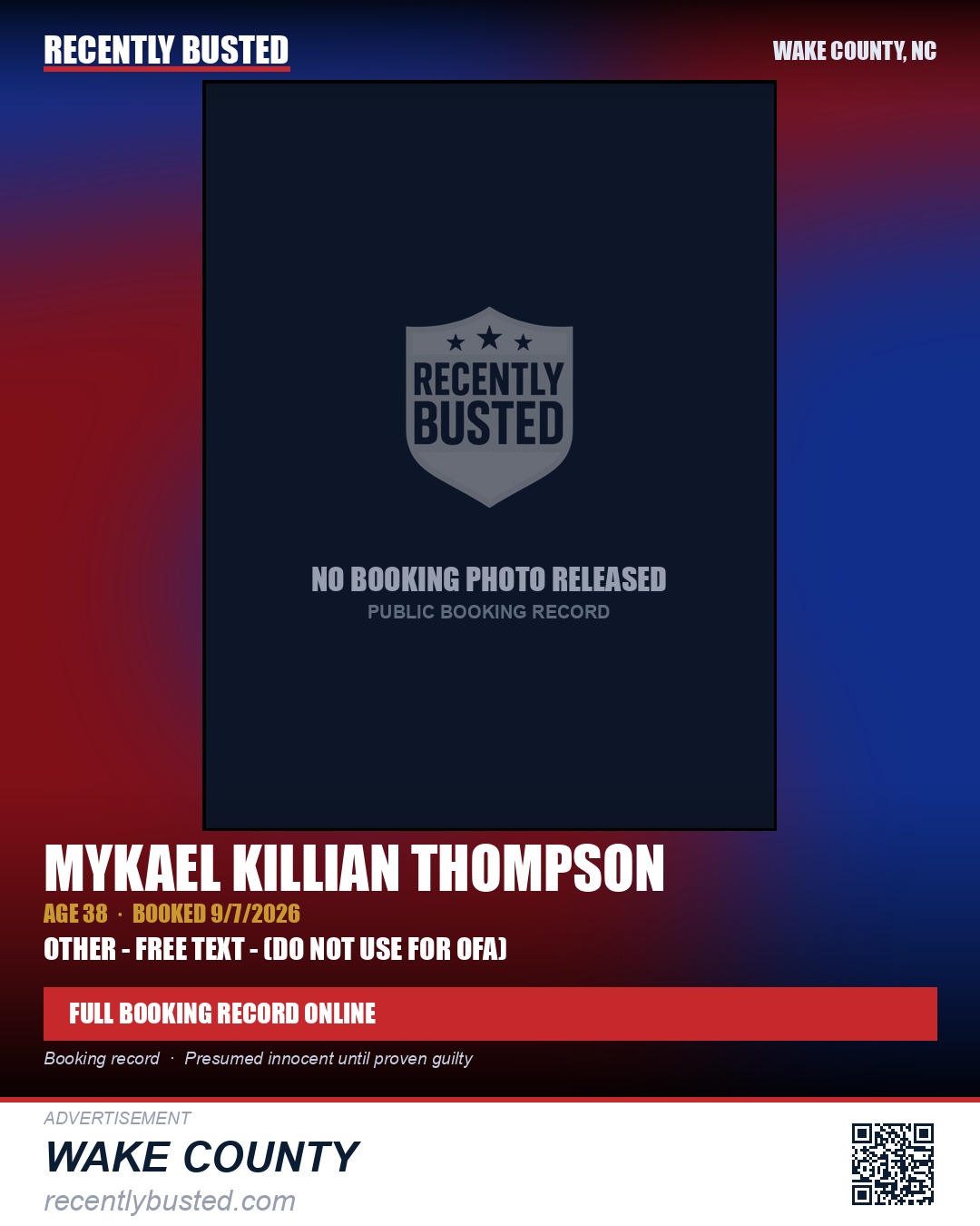MYKAEL KILLIAN THOMPSON — arrest record card, Wake County, North Carolina