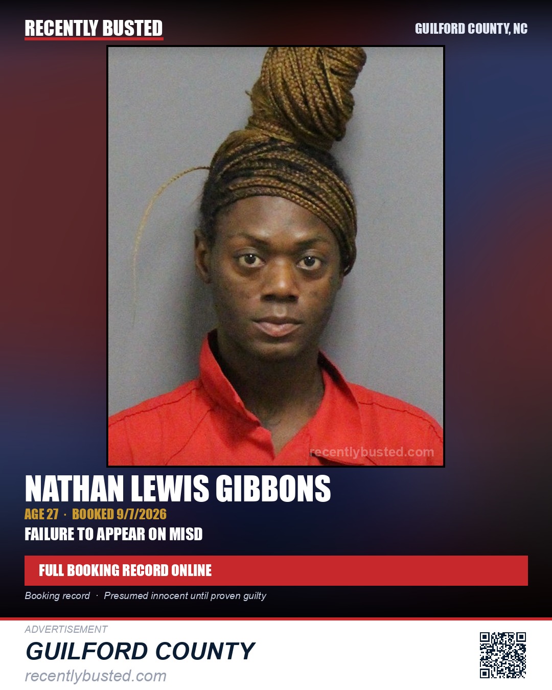 NATHAN LEWIS GIBBONS — arrest record card, Guilford County, North Carolina