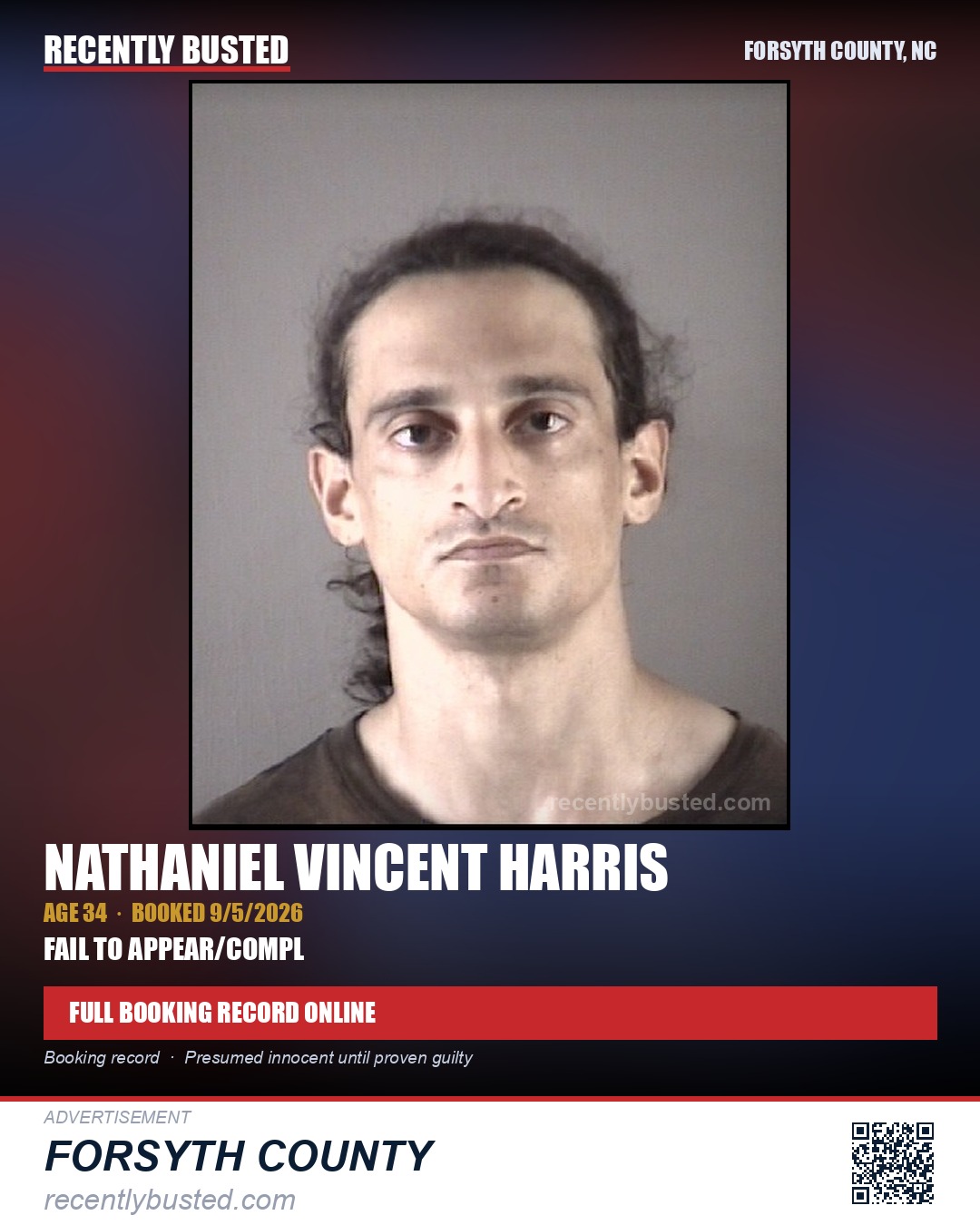 NATHANIEL VINCENT HARRIS — arrest record card, Forsyth County, North Carolina
