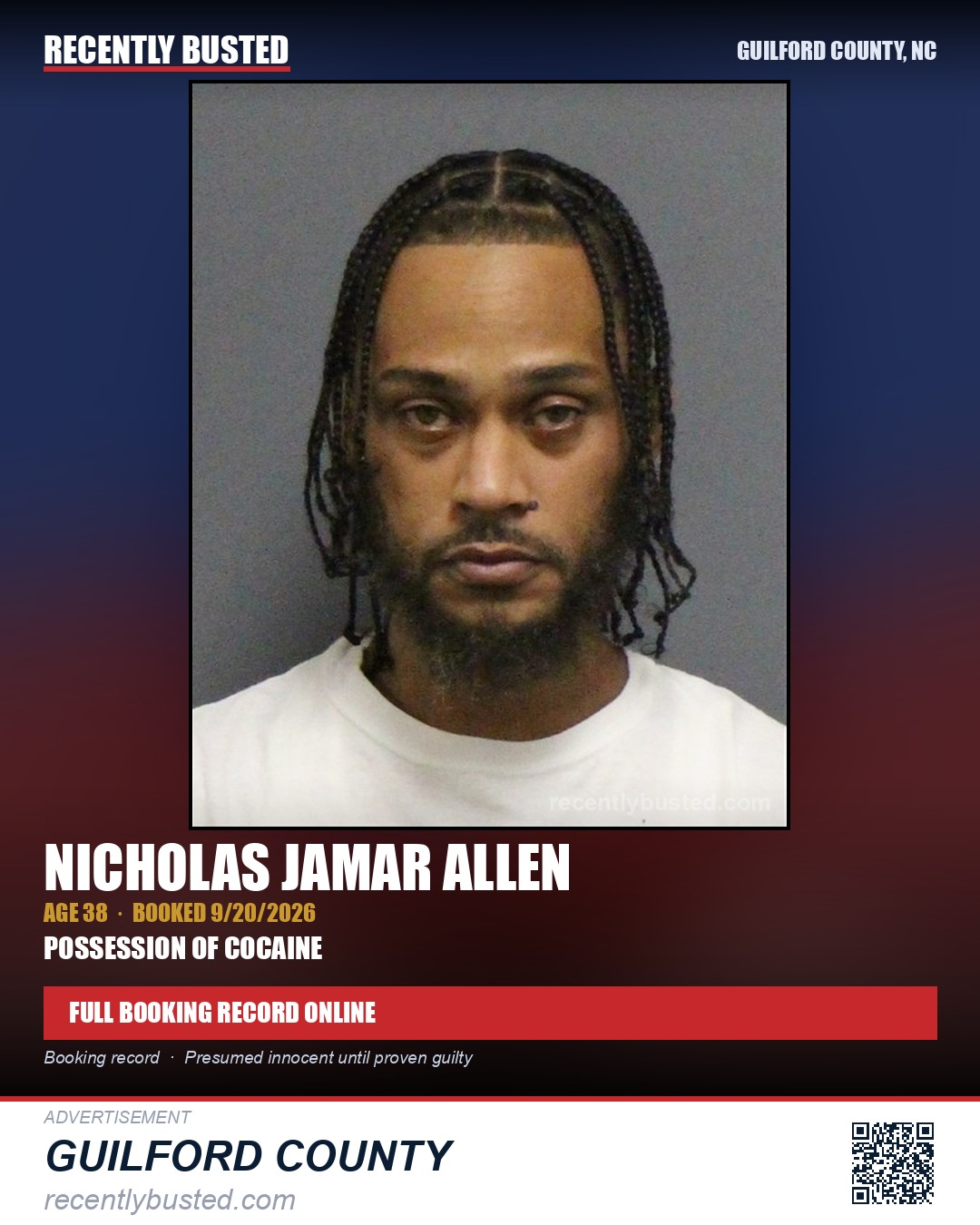 NICHOLAS JAMAR ALLEN — arrest record card, Guilford County, North Carolina