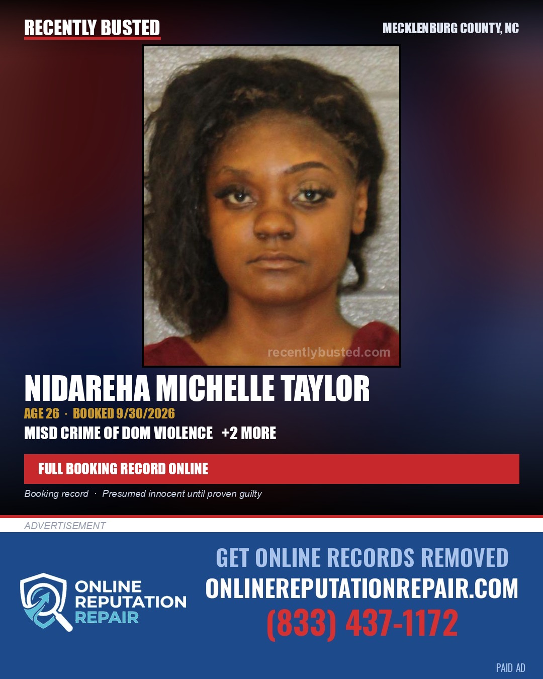 NIDAREHA MICHELLE TAYLOR — arrest record card, Mecklenburg County, North Carolina