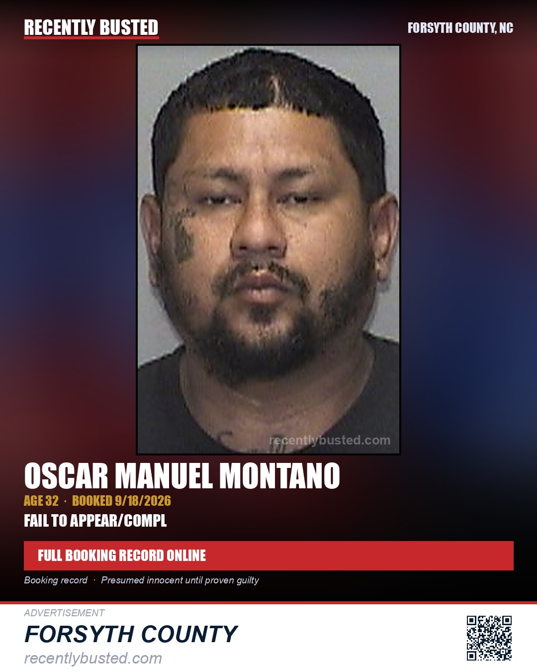 OSCAR MANUEL MONTANO — arrest record card, Forsyth County, North Carolina