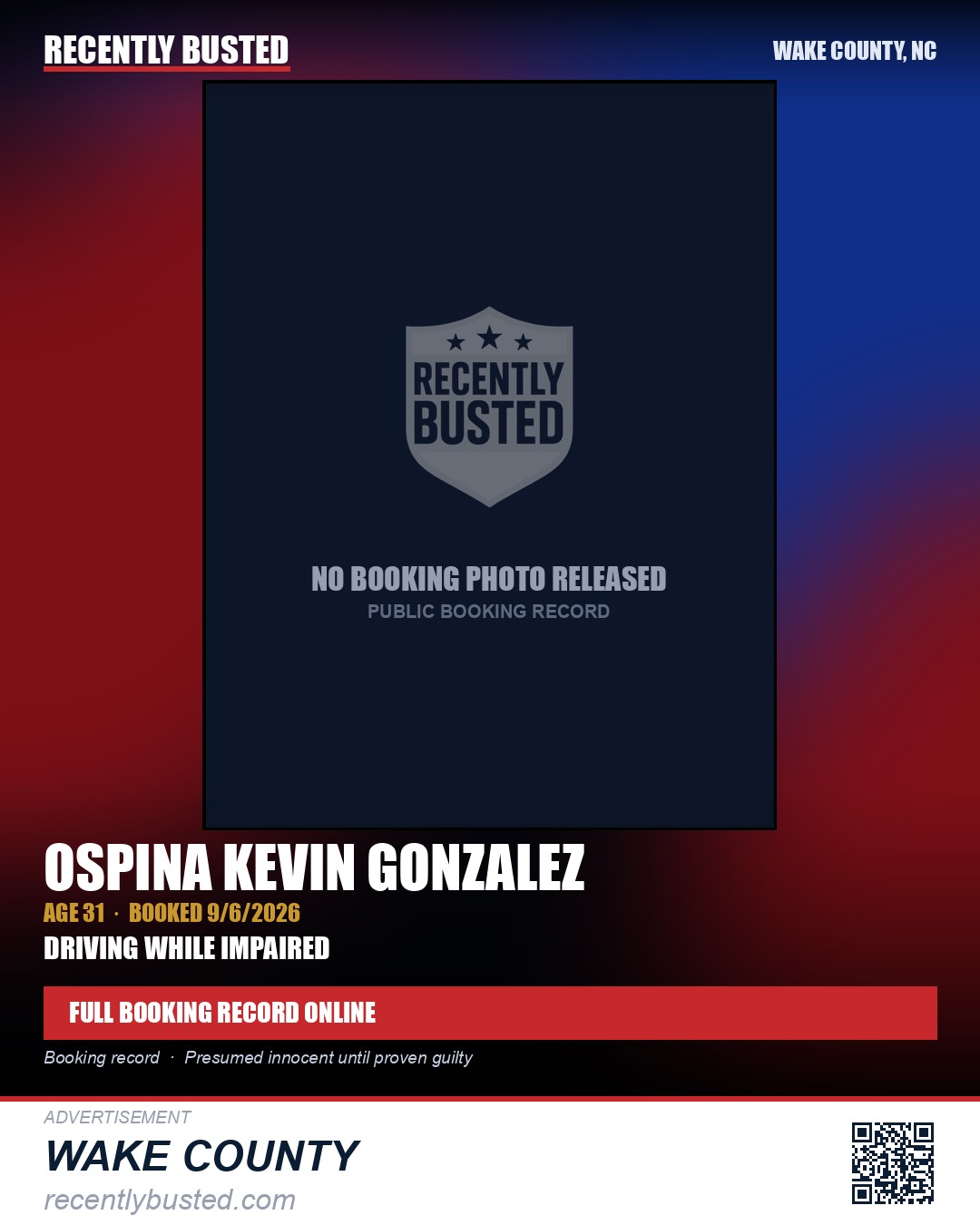 OSPINA KEVIN GONZALEZ — arrest record card, Wake County, North Carolina