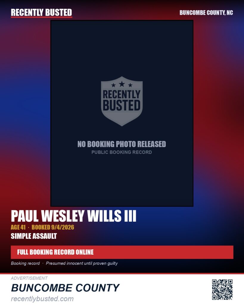 PAUL WESLEY WILLS III — arrest record card, Buncombe County, North Carolina