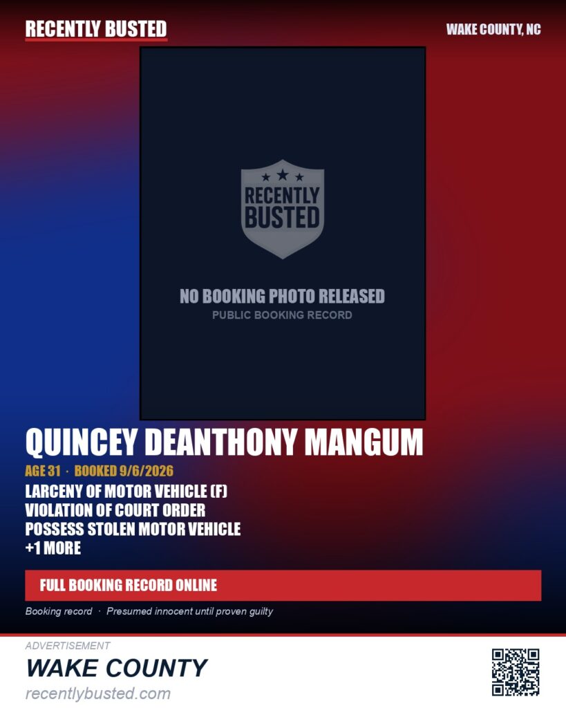 QUINCEY DEANTHONY MANGUM — arrest record card, Wake County, North Carolina