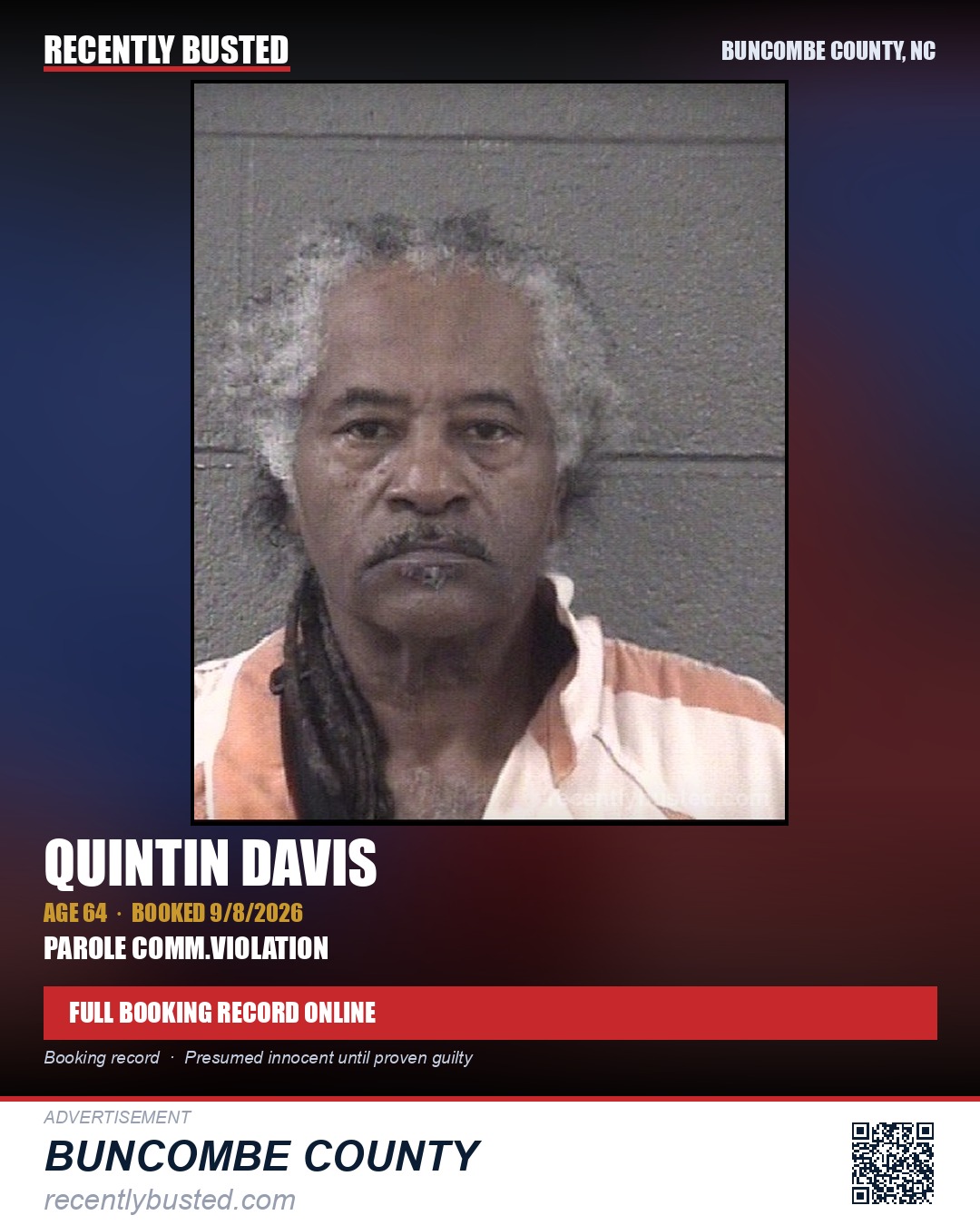 QUINTIN DAVIS — arrest record card, Buncombe County, North Carolina