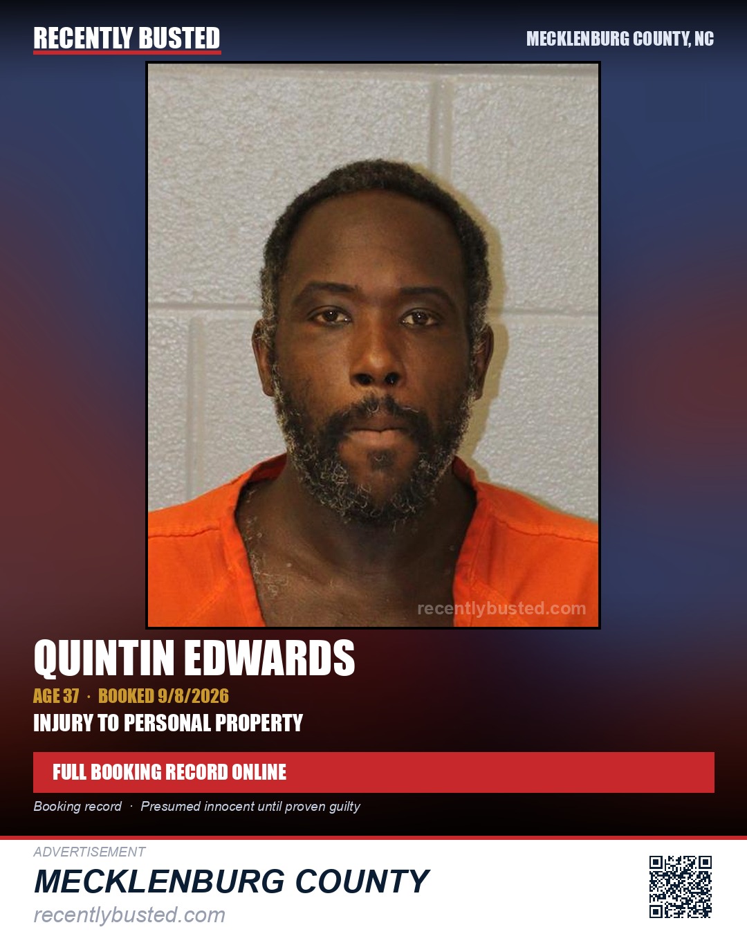 QUINTIN EDWARDS — arrest record card, Mecklenburg County, North Carolina