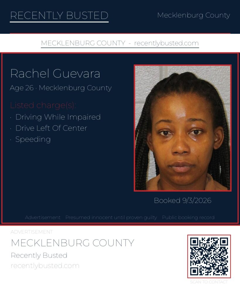RACHEL GUEVARA — arrest record card, Mecklenburg County, North Carolina