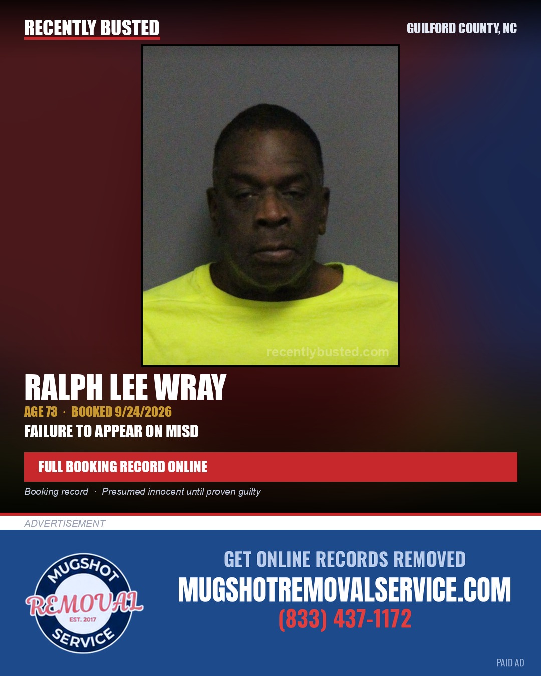 RALPH LEE WRAY — arrest record card, Guilford County, North Carolina
