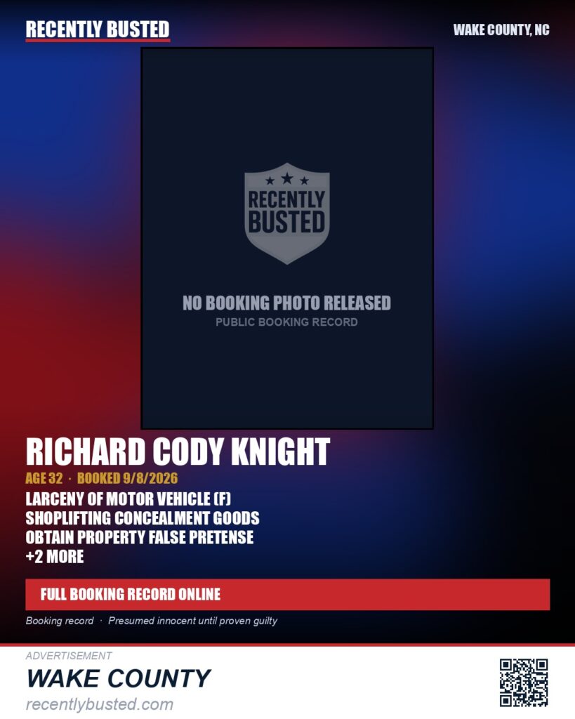 RICHARD CODY KNIGHT — arrest record card, Wake County, North Carolina