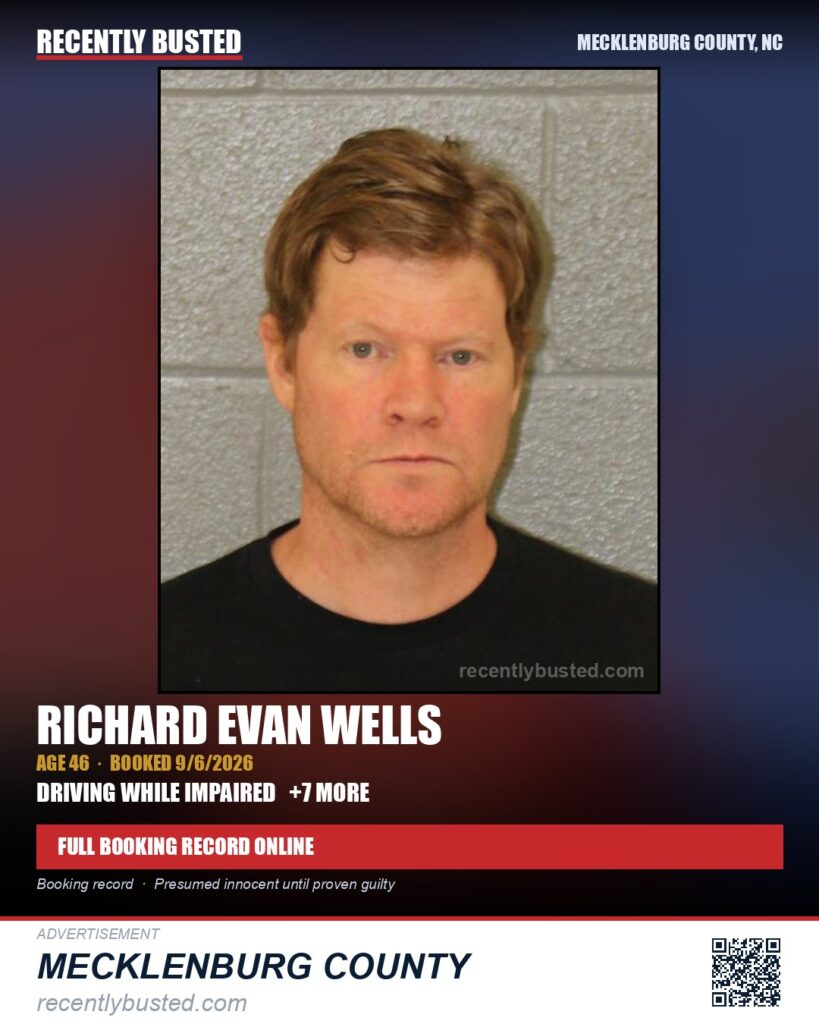 RICHARD EVAN WELLS — arrest record card, Mecklenburg County, North Carolina