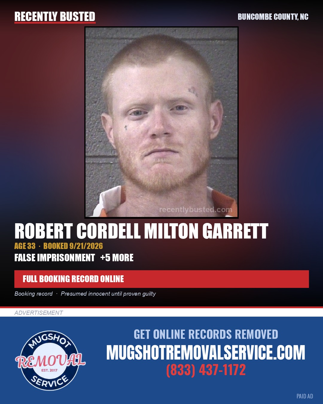 ROBERT CORDELL MILTON GARRETT — arrest record card, Buncombe County, North Carolina