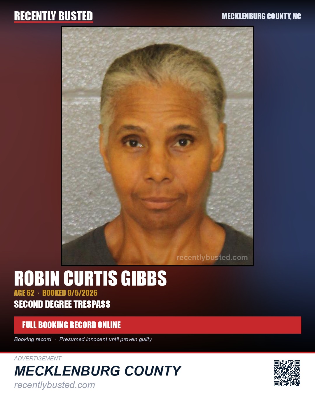 ROBIN CURTIS GIBBS — arrest record card, Mecklenburg County, North Carolina