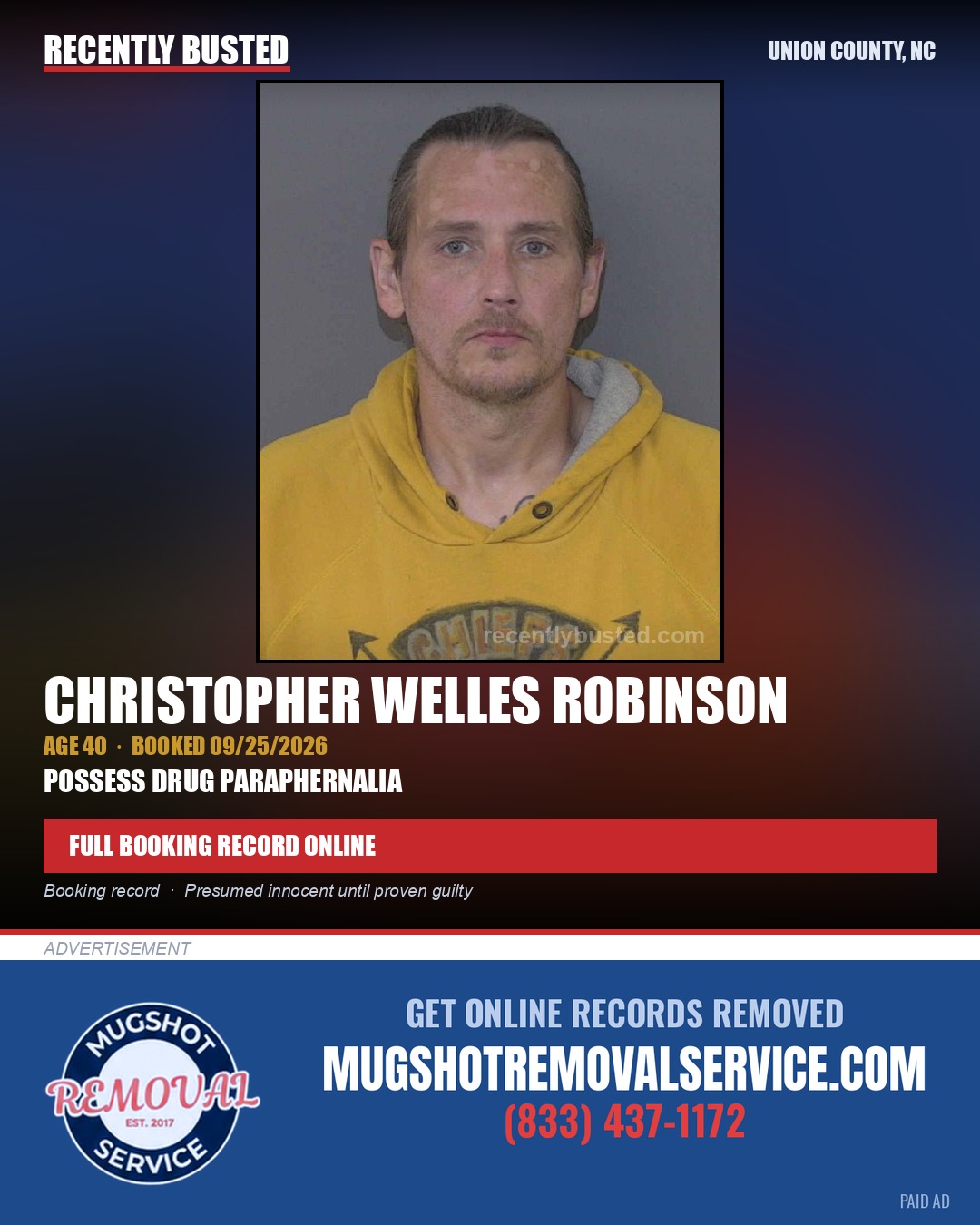 ROBINSON, CHRISTOPHER WELLES — arrest record card, Union County, North Carolina
