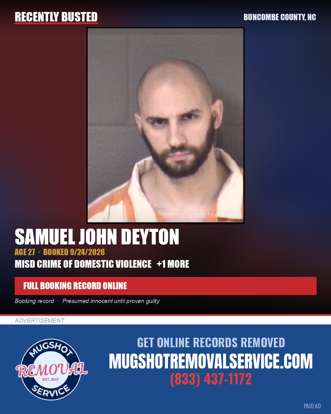 SAMUEL JOHN DEYTON — arrest record card, Buncombe County, North Carolina
