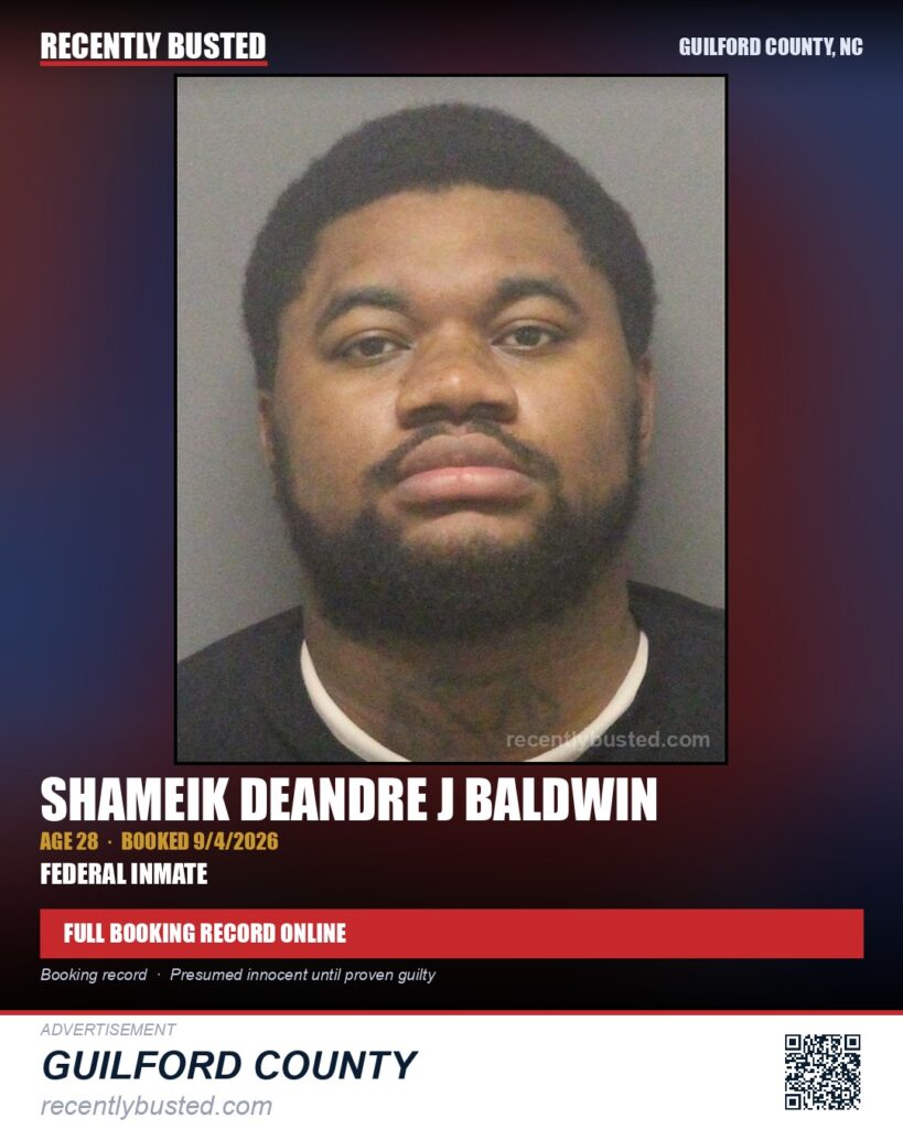 SHAMEIK DEANDRE J BALDWIN — arrest record card, Guilford County, North Carolina