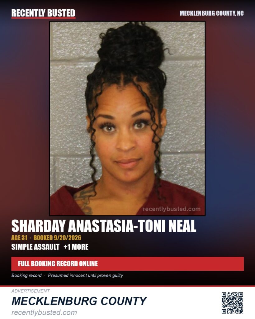 SHARDAY ANASTASIA-TONI NEAL — arrest record card, Mecklenburg County, North Carolina