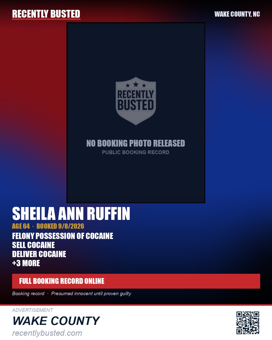 SHEILA ANN RUFFIN — arrest record card, Wake County, North Carolina