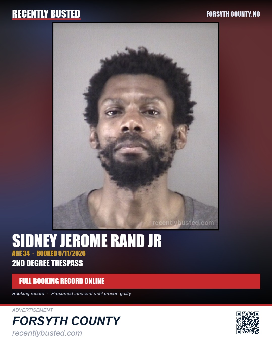 SIDNEY JEROME RAND JR — arrest record card, Forsyth County, North Carolina