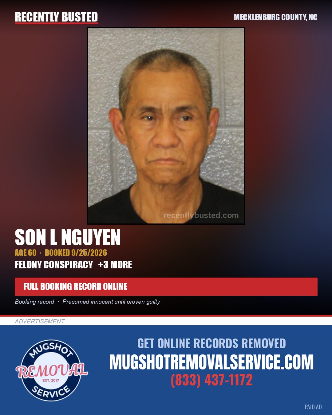 SON L NGUYEN — arrest record card, Mecklenburg County, North Carolina
