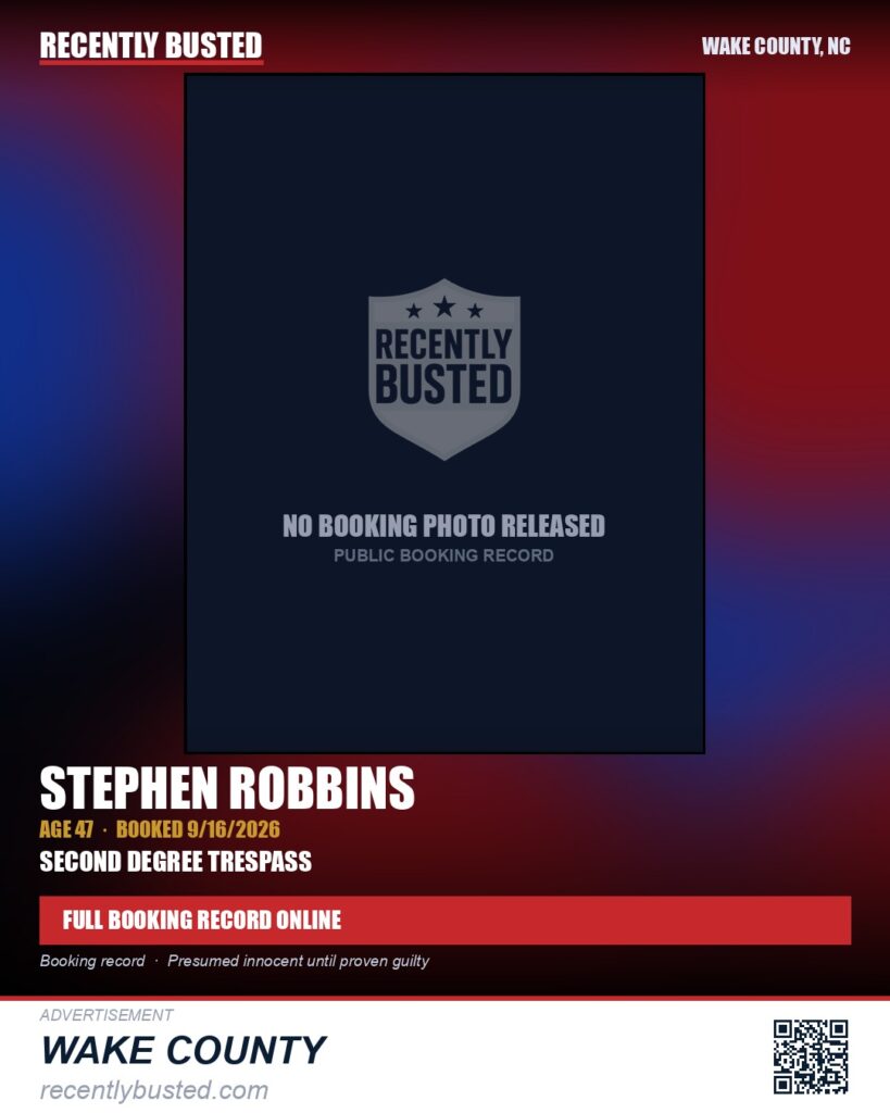 STEPHEN ROBBINS — arrest record card, Wake County, North Carolina