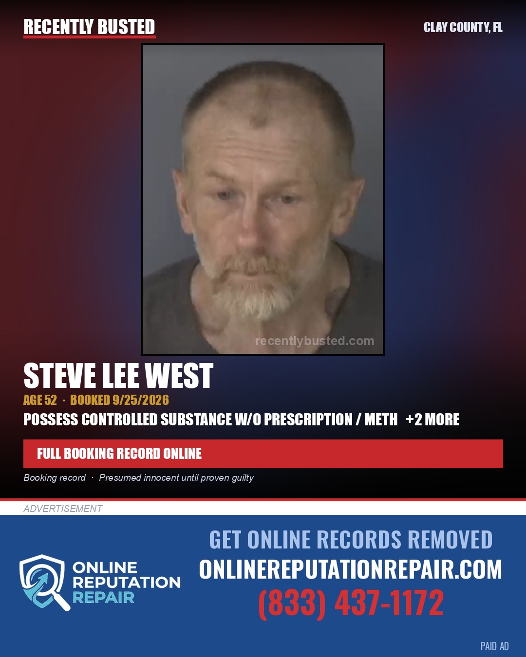 STEVE LEE WEST — arrest record card, Clay County, Florida