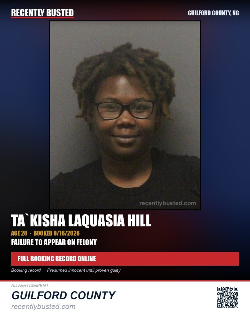 TA`KISHA LAQUASIA HILL — arrest record card, Guilford County, North Carolina