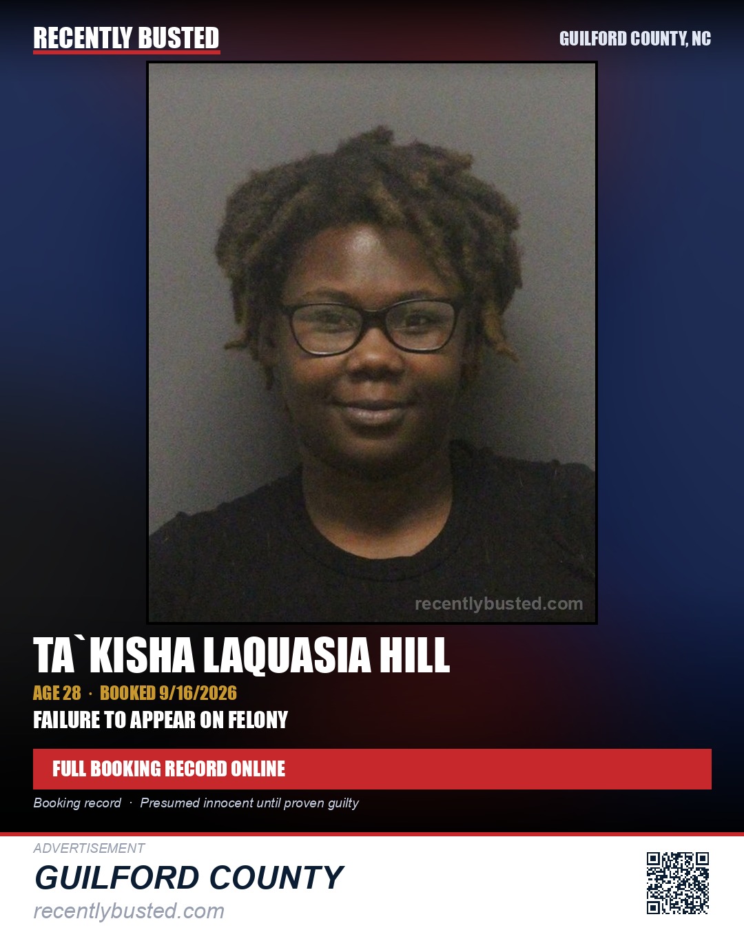 TA`KISHA LAQUASIA HILL — arrest record card, Guilford County, North Carolina