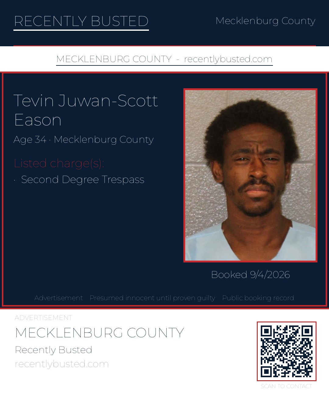 TEVIN JUWAN-SCOTT EASON — arrest record card, Mecklenburg County, North Carolina