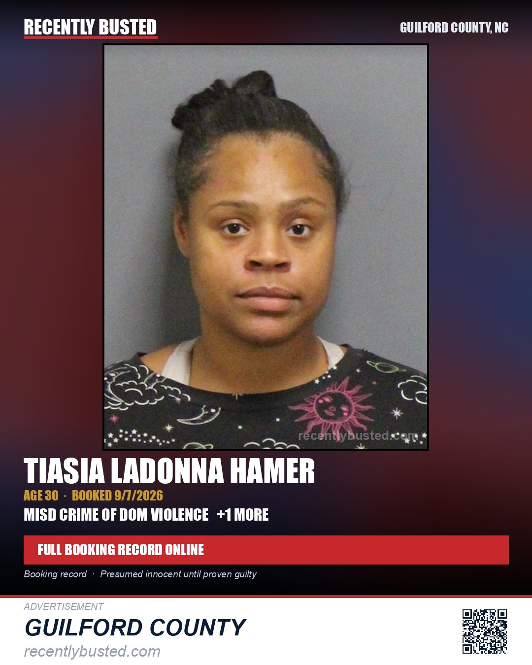 TIASIA LADONNA HAMER — arrest record card, Guilford County, North Carolina